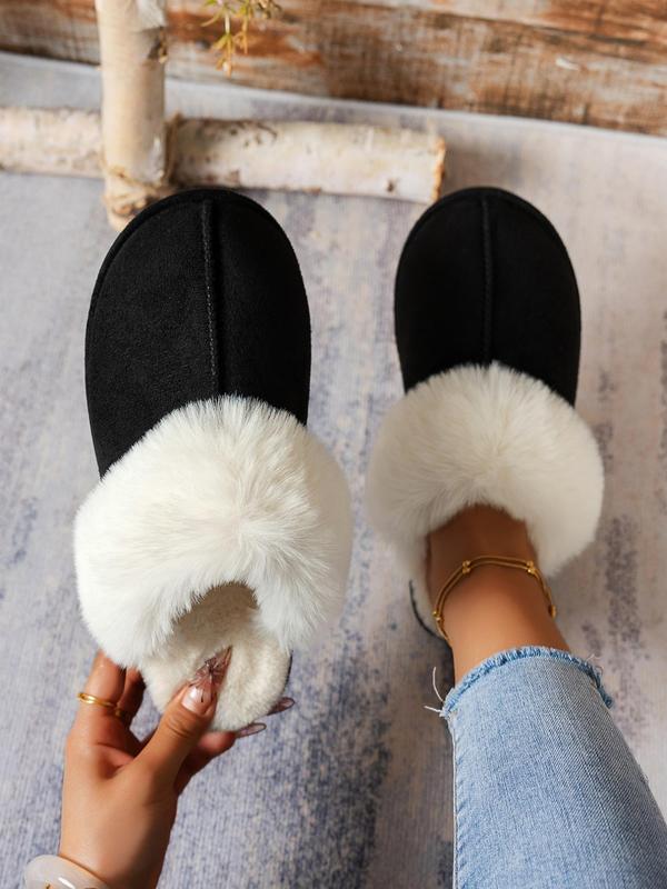 Women's Solid Color Contrast Faux Fur Slippers, Casual Soft Comfortable Home Slippers, Warm Slippers for Indoor & Outdoor Use for Fall & Winter