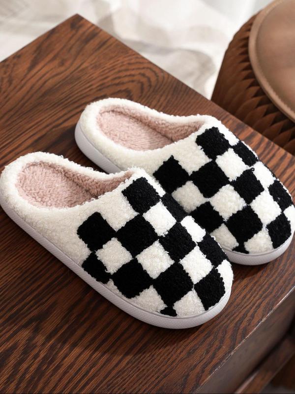 Women's Checkerboard Pattern Plush Slippers, Casual Soft Comfortable Home Slippers, Warm Slippers for Indoor & Outdoor Use for Fall & Winter