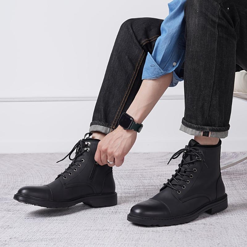 Men's Solid Cap Toe Dress Boots With PU Leather Uppers, Wear-resistant Non Slip Lace-up High Top Boots For Men's Outdoor Activities