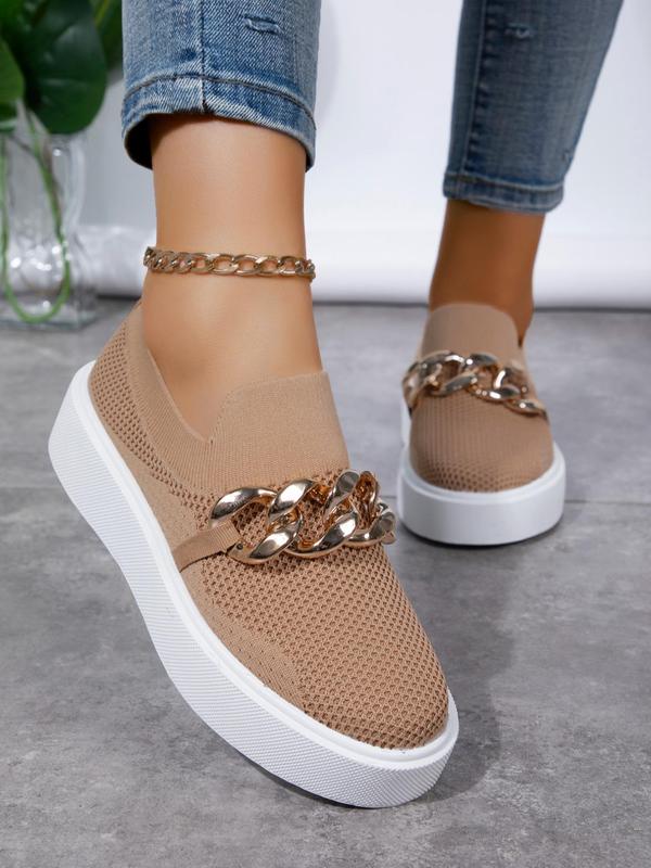 Women's Fashionable Chain Decorated Slip on Mesh Breathable Sneakers, Casual Comfortable Low Top Shoes for Daily Wear, Female All-match Round Toe Shoes for Spring & Fall