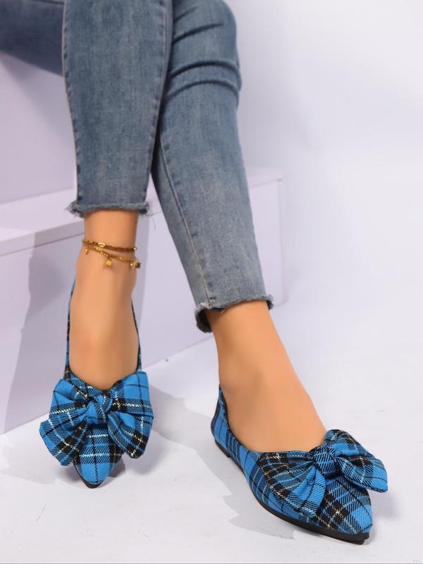 Women's Fashionable Tartan Pattern Bowknot Design Flat Shoes, Casual Comfortable Pointed Toe Slip on Shoes for Daily Wear, All-match Commuter Shoes for Women