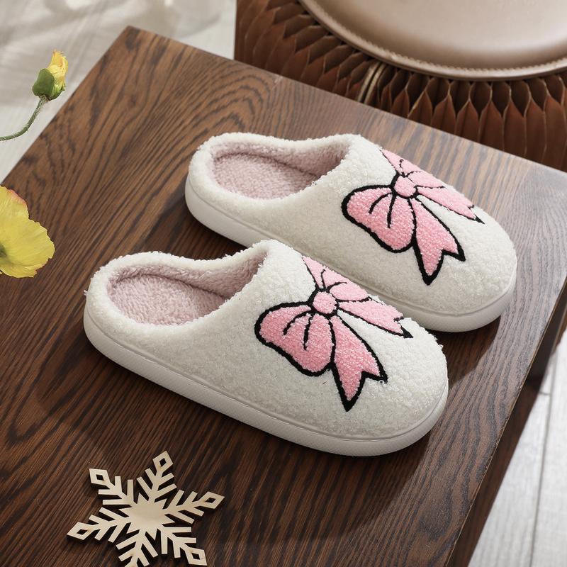 Women's Warm Embroidered Cute Bow Slip-On Fluffy House Slippers - Perfect Christmas Holiday Gift - Footwear Girl Walking Shoes