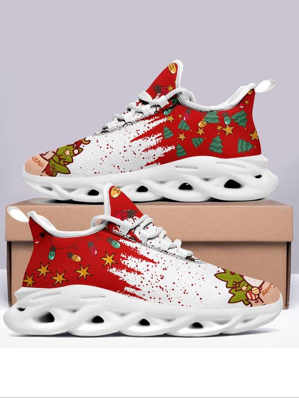 Women's Christmas Pattern Lace Up Low Top Sneakers, Casual Comfort Breathable Lightweight Sports Running Shoes, Female All-match Round Toe Chunky Sneakers for Daily Wear