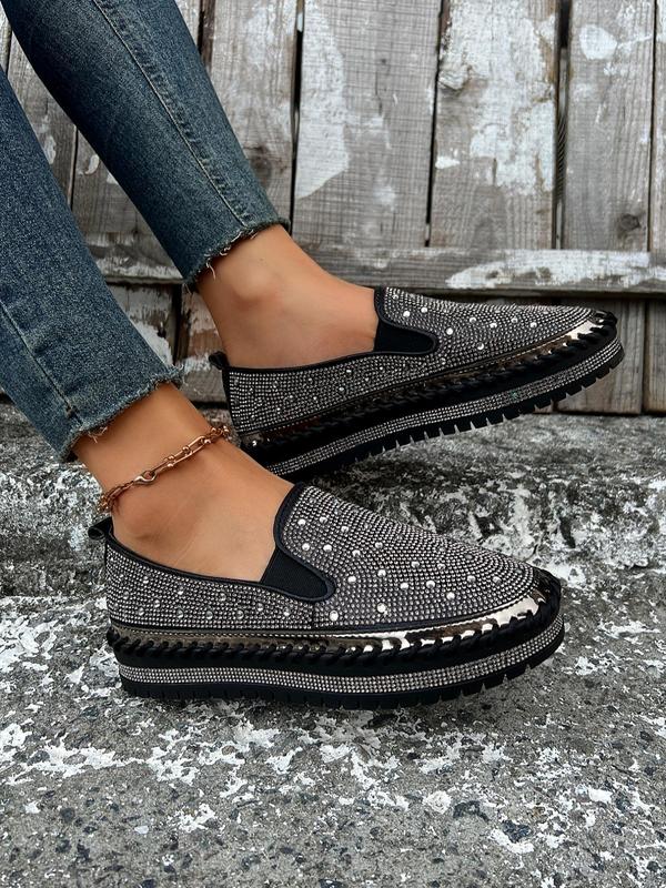 Women's Fashionable Rhinestone Decorated Slip on Loafers, Casual Comfortable Platform Shoes for Daily Wear, Lightweight Breathable Shoes for All Seasons