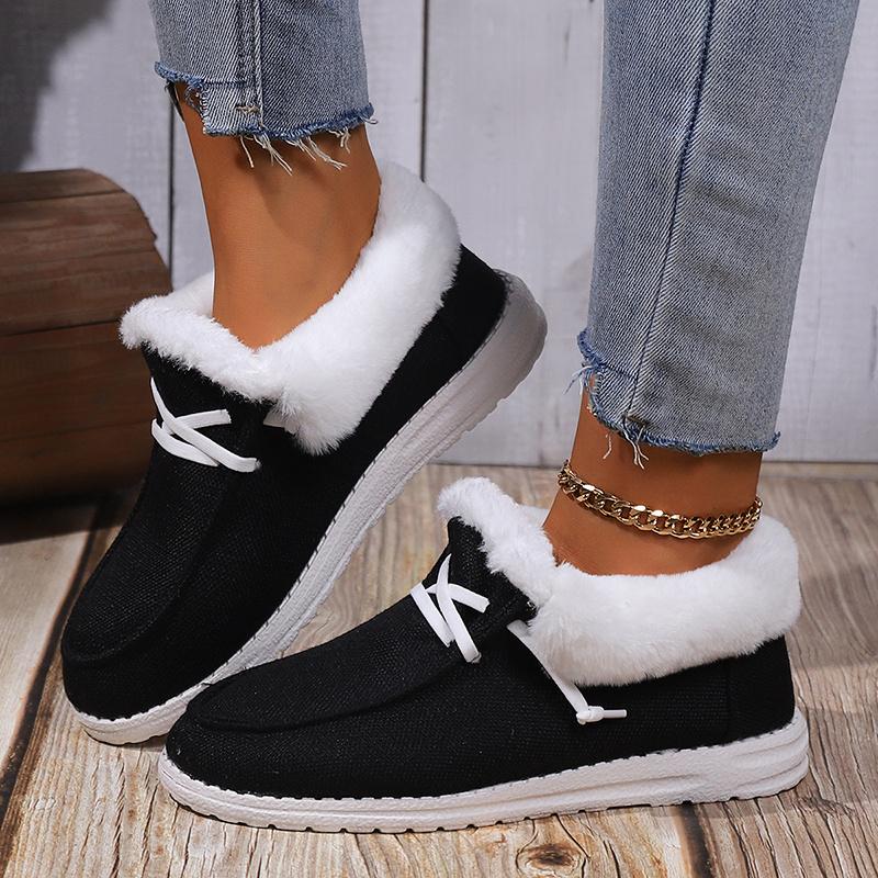 Womens Ultra-Soft Plush Lined Canvas Loafers - Fashionable Solid Colors, Effortless Slip-On, Insulated Winter Warmth, Cozy Low Top Flat Shoes