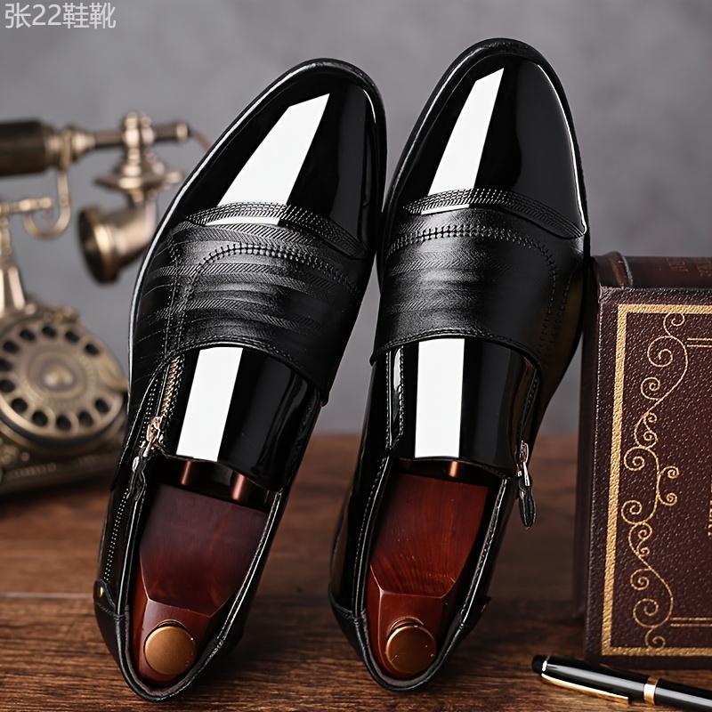 Fashionable Mens Dress Shoes with Stylish Zipper Accent - Durable Slip-On Design for Business & Office - Comfortable Anti-Slip PU Leather Upper for All-Day Wear Boy Footwear Walking Shoes Closed Work Rubber Pedal Decor