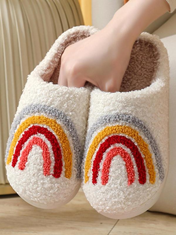 LGBT Women's Rainbow Stripe Design Plush Slippers, Bedroom Warm Fun Indoor Slippers Shoes, Anti-slip Home Flat Slippers, Shoes for Women