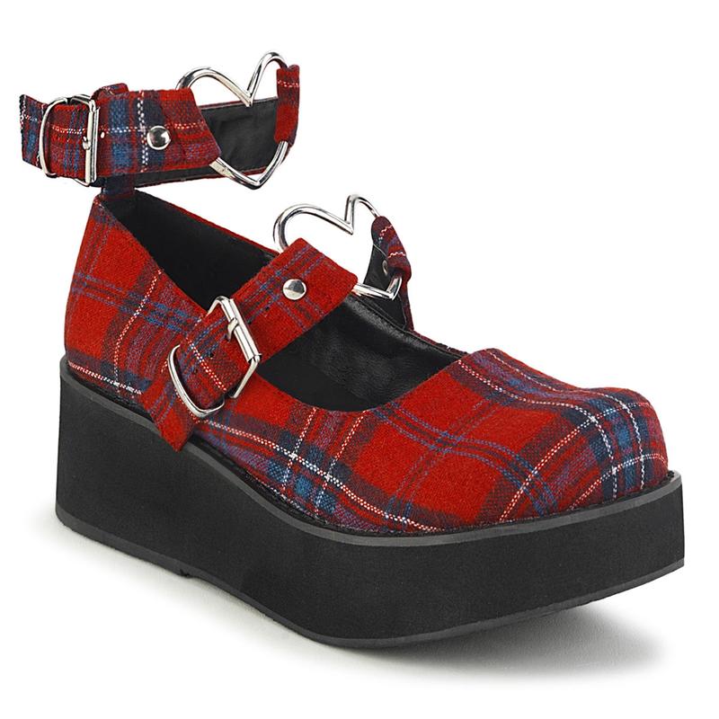 Demonia Sprite-02 Red Plaid Fabric Platforms