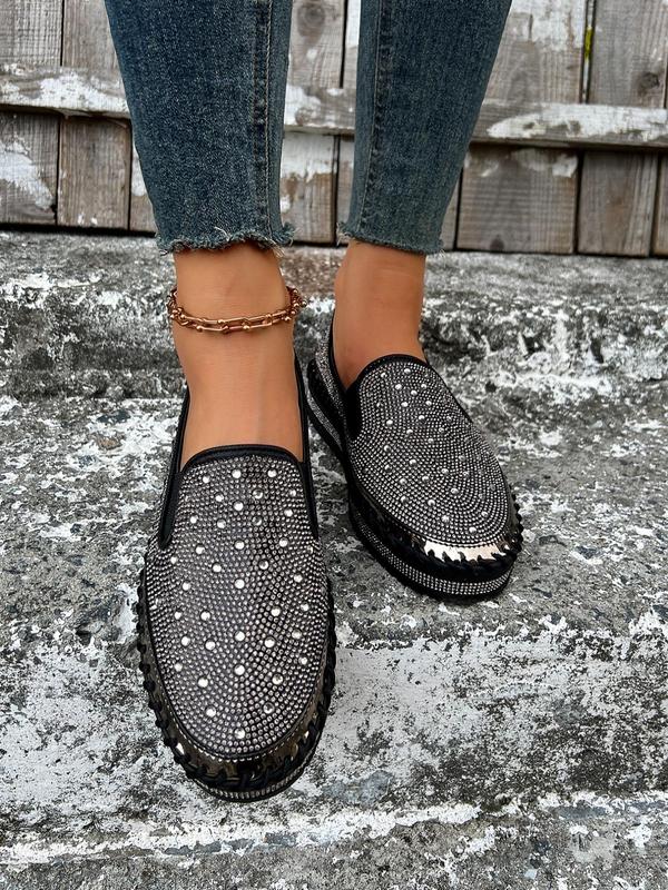 Women's Fashionable Rhinestone Decorated Slip on Loafers, Casual Comfortable Platform Shoes for Daily Wear, Lightweight Breathable Shoes for All Seasons