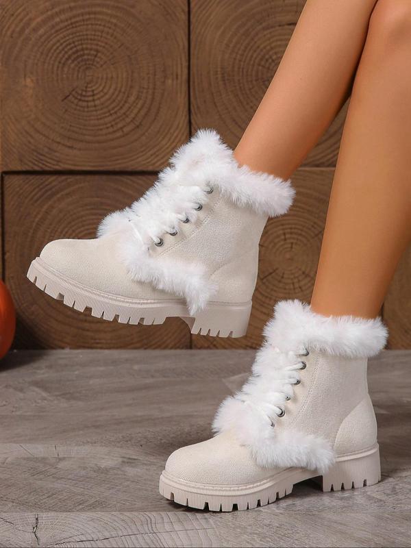 Women's Fashionable Contrast Faux Fur Label Patched Design Ankle Boots, Casual Warm Lace Up Snow Boots for Fall & Winter, Female All-match Trendy Shoes for Daily Wear