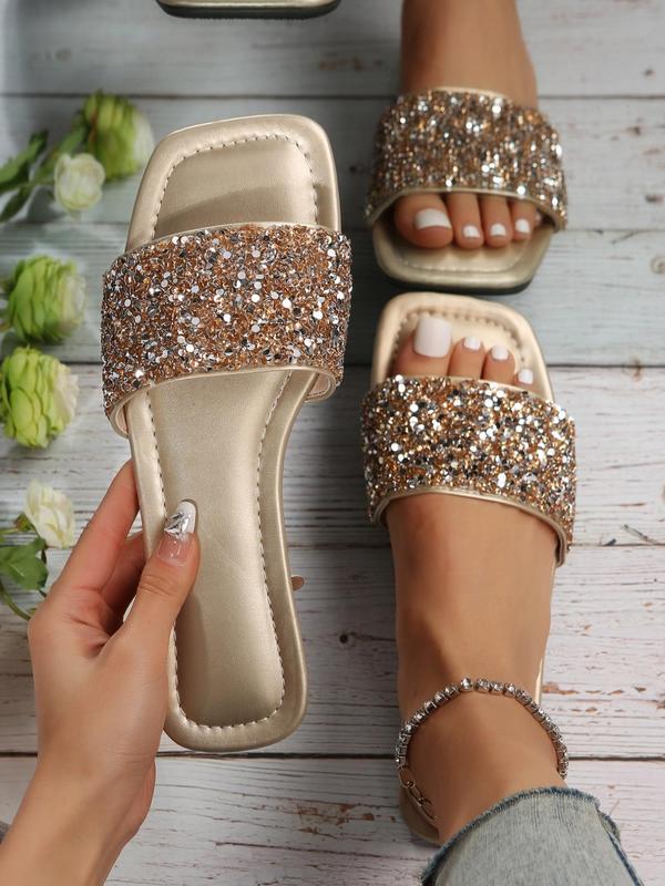 Chic Sequin Design Slippers for Summer 2024, Women's Fashionable Matching Casual Square Toe Flat Heel Slide Sandals, Sandals for Women