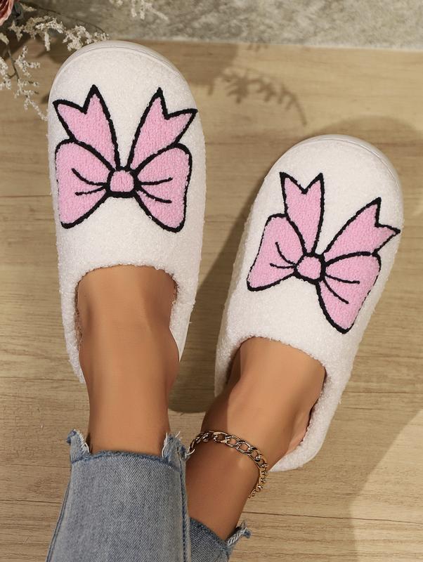 Women's Warm Embroidered Cute Bow Slip-On Fluffy House Slippers - Perfect Christmas Holiday Gift - Footwear Girl Walking Shoes