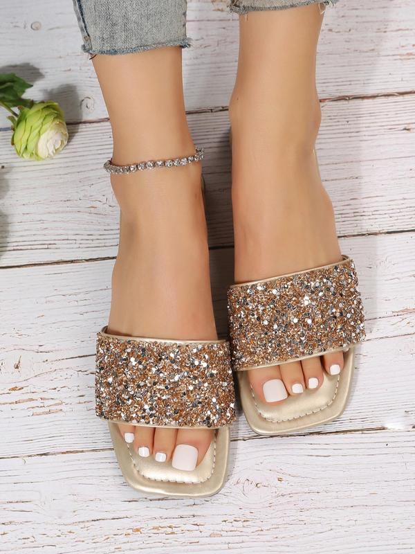 Chic Sequin Design Slippers for Summer 2024, Women's Fashionable Matching Casual Square Toe Flat Heel Slide Sandals, Sandals for Women