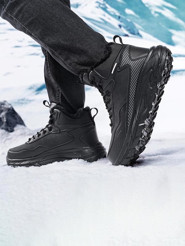 Men's Solid Color Lace Up Ankle Boots, Casual Comfortable Warm Snow Boots for Outdoor Activities, Male All-match Trendy Shoes for Fall & Winter