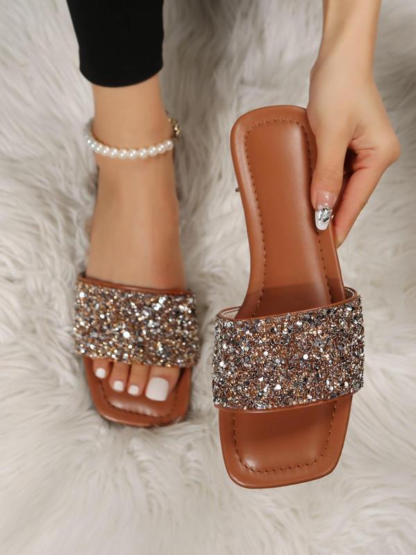 Chic Sequin Design Slippers for Summer 2024, Women's Fashionable Matching Casual Square Toe Flat Heel Slide Sandals, Sandals for Women