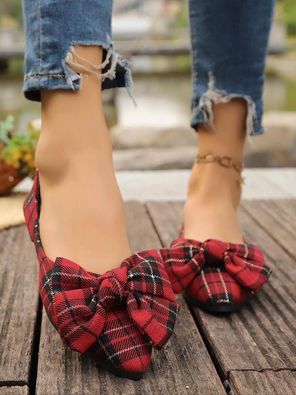 Women's Fashionable Tartan Pattern Bowknot Design Flat Shoes, Casual Comfortable Pointed Toe Slip on Shoes for Daily Wear, All-match Commuter Shoes for Women