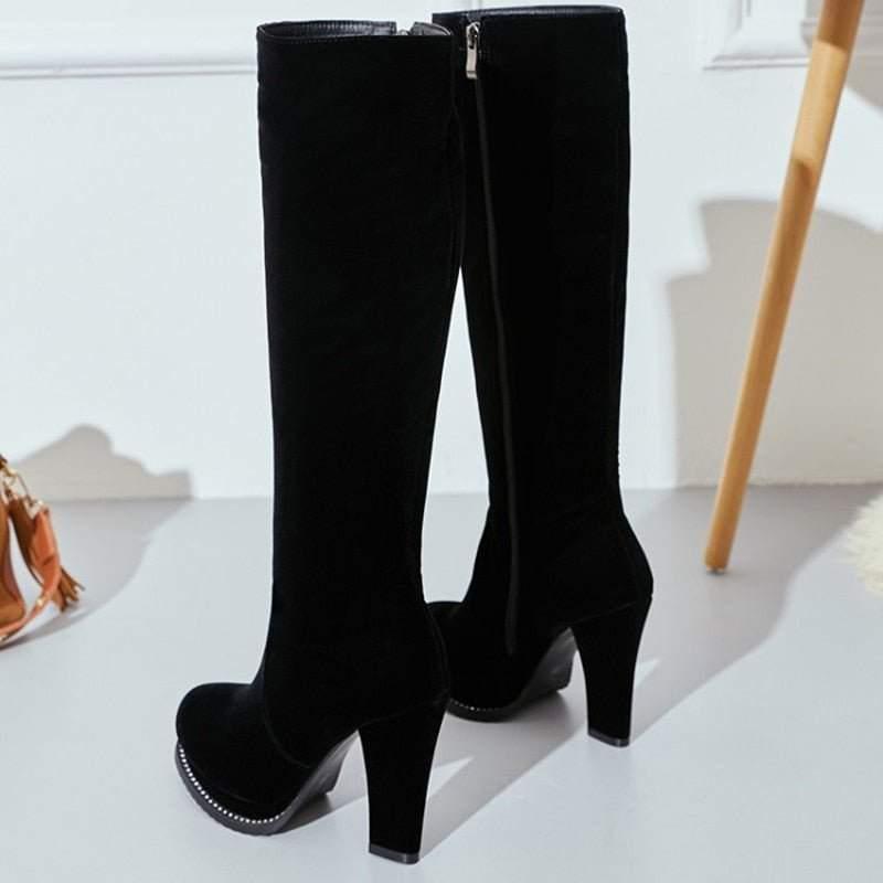 Women's Winter High Boots Fashion Flock Knee High Boots Women Knight Boots Black Thick High Heels Zipper Round Toe Ladies Shoes