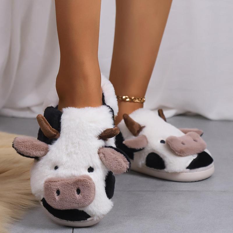 Fuzzy Cow Slippers for Women Men, Cute Cotton Animals House Shoes Fluffy Plush Slippers for Girls Indoor Living Room Bedroom