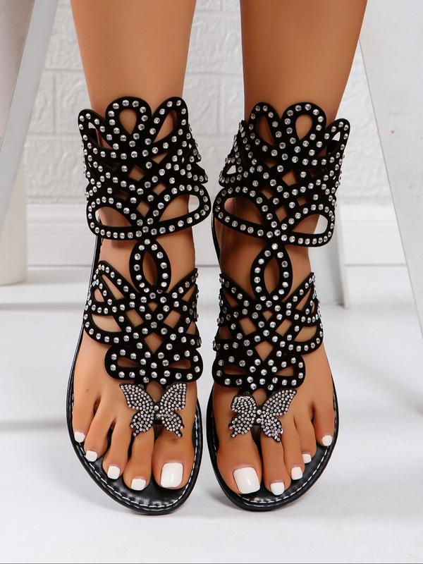 Women's Fashionable Rhinestone Decorated Hollow Out Butterfly Design Sandals, Casual Toe Thong Sandals for Summer, Lightweight Breathable Comfortable Shoes for Daily Wear, Perfect for Students and Outdoor