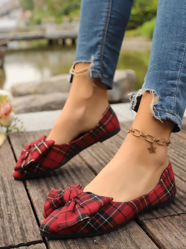 Women's Fashionable Tartan Pattern Bowknot Design Flat Shoes, Casual Comfortable Pointed Toe Slip on Shoes for Daily Wear, All-match Commuter Shoes for Women