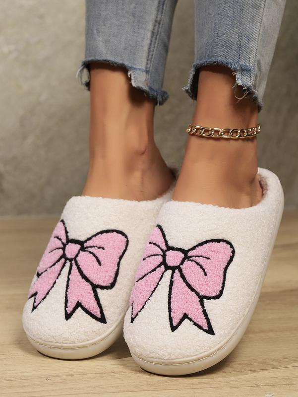 Women's Warm Embroidered Cute Bow Slip-On Fluffy House Slippers - Perfect Christmas Holiday Gift - Footwear Girl Walking Shoes