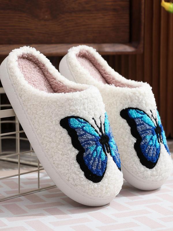 Women's Butterfly Print Plush Slippers, Soft Comfy Home Slippers for Summer, Fluffy Bedroom Slippers for Indoor and Outdoor