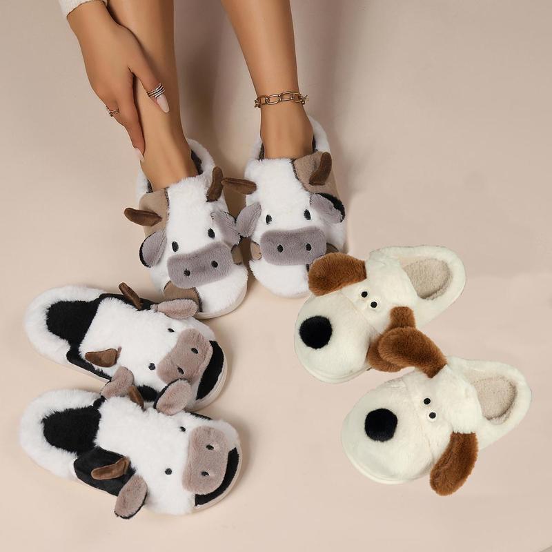 Fuzzy Cow Slippers for Women Men, Cute Cotton Animals House Shoes Fluffy Plush Slippers for Girls Indoor Living Room Bedroom