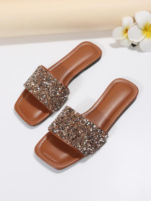 Chic Sequin Design Slippers for Summer 2024, Women's Fashionable Matching Casual Square Toe Flat Heel Slide Sandals, Sandals for Women