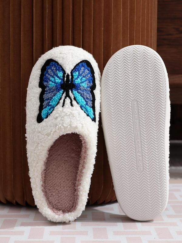 Women's Butterfly Print Plush Slippers, Soft Comfy Home Slippers for Summer, Fluffy Bedroom Slippers for Indoor and Outdoor