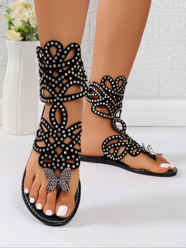 Women's Fashionable Rhinestone Decorated Hollow Out Butterfly Design Sandals, Casual Toe Thong Sandals for Summer, Lightweight Breathable Comfortable Shoes for Daily Wear, Perfect for Students and Outdoor