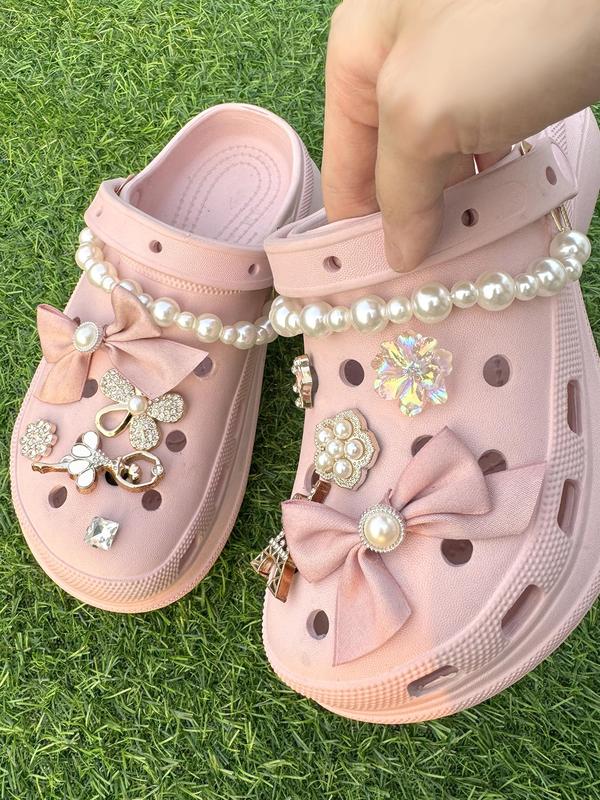 Cute Bowknot & Flower Design Faux Pearl Decor Clogs Charms, 12pcs set Tower & Crown Design Shoes Charms, Shoes Accessories for Clogs DIY for Women & Girls