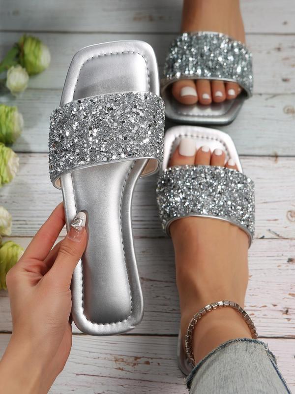 Chic Sequin Design Slippers for Summer 2024, Women's Fashionable Matching Casual Square Toe Flat Heel Slide Sandals, Sandals for Women