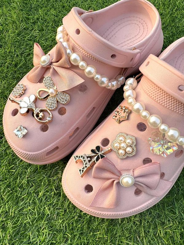 Cute Bowknot & Flower Design Faux Pearl Decor Clogs Charms, 12pcs set Tower & Crown Design Shoes Charms, Shoes Accessories for Clogs DIY for Women & Girls