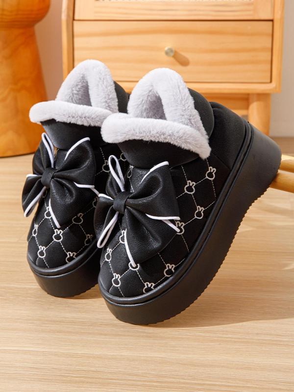 Women's Cute Bowknot Decor Quilted Design Plush Slippers, Casual Soft Comfortable Home Slippers, Warm Slippers for Indoor & Outdoor Use for Fall & Winter