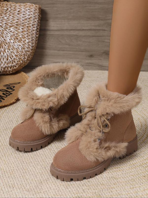 Women's Fashionable Contrast Faux Fur Label Patched Design Ankle Boots, Casual Warm Lace Up Snow Boots for Fall & Winter, Female All-match Trendy Shoes for Daily Wear