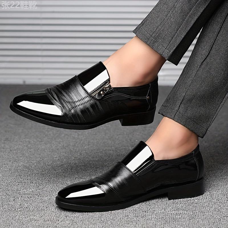 Fashionable Mens Dress Shoes with Stylish Zipper Accent - Durable Slip-On Design for Business & Office - Comfortable Anti-Slip PU Leather Upper for All-Day Wear Boy Footwear Walking Shoes Closed Work Rubber Pedal Decor