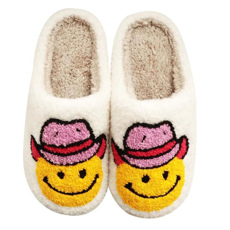 PacificPlex Womens Smiley Preppy Smile Slippers Retro Cozy Comfy Plush Slip-On Indoor Slide Footwear Soft Comfort Fluffy Cute winter woman slipper Women's Plush