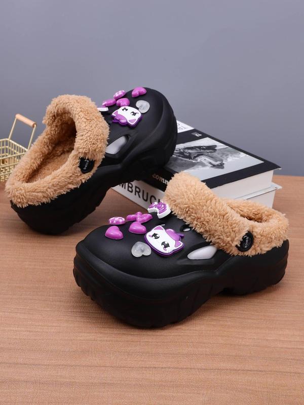 Women's Cute Cartoon Cat Decor Plush Clogs, Casual Soft Comfortable Home Slippers, Warm Slippers for Indoor & Outdoor Use for Fall & Winter