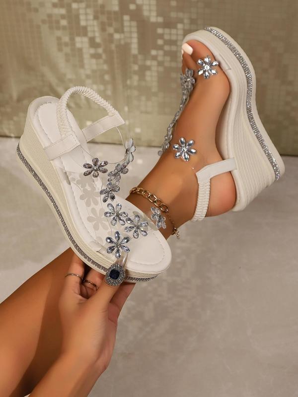 Fashionable Artificial Crystal Decor Flower Design Wedge Sandals, Elegant Rhinestone Decorated Sandals for Women, Casual Versatile Shoes for Daily Wear