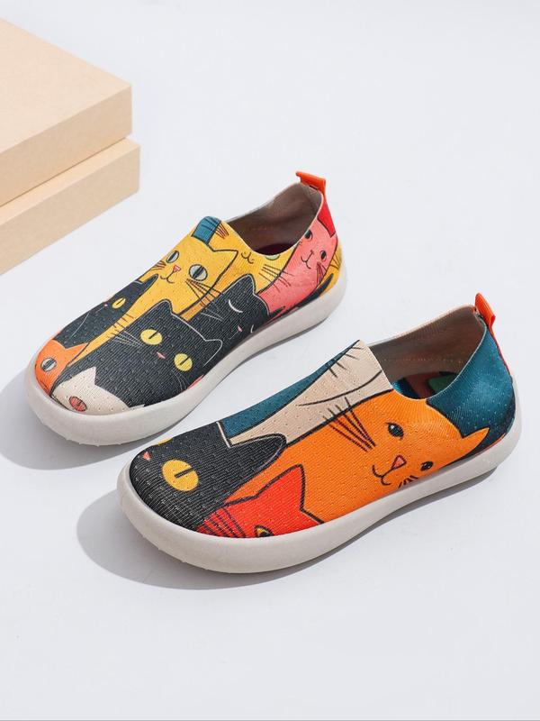 Women's Cute Cat Pattern Slip on Flats, Casual Comfortable Flat Shoes for Daily Wear, Female All-match Round Toe Shoes for Daily Wear