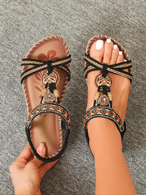 Women's Boho Casual Ethnic Style Slip on Flat Sandals Back To School, 2024 New Style Trendy Open Toe Sandals for Women and Girls, Fashionable Sandals for Summer Beach Vacation Birthday Gifts