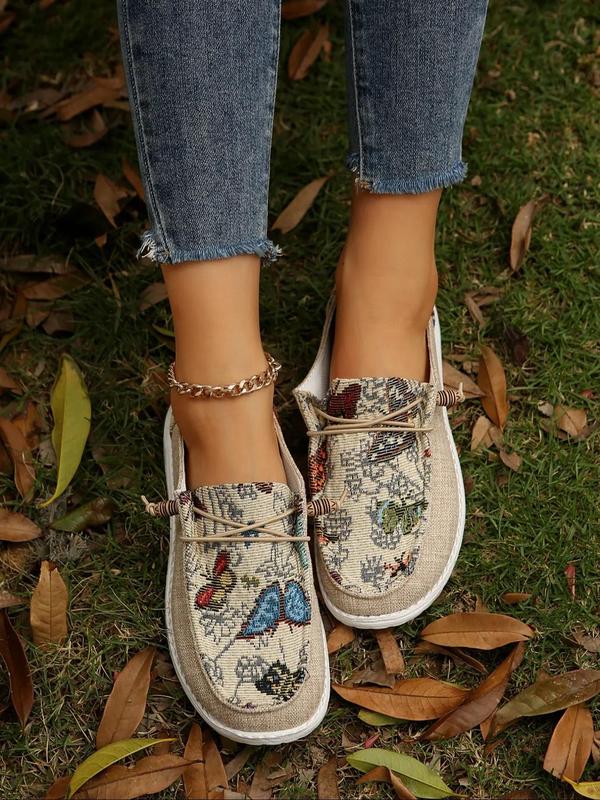 Women's Butterfly Embroidery Slip on Loafers, Casual Comfortable Fabric Boat Shoes, Female All-match Round Toe Shoes for Daily Wear