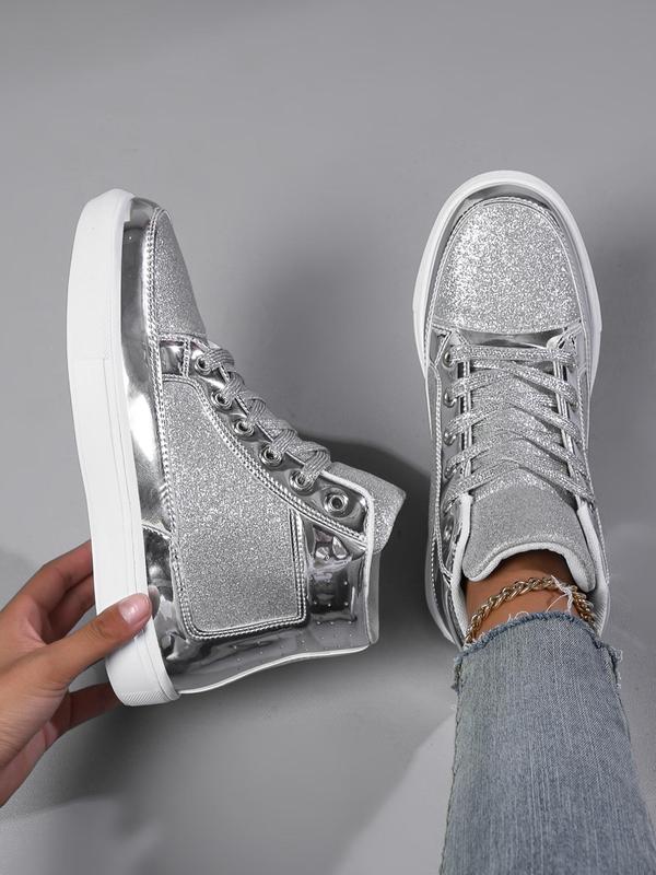 Women's Fashion Glitter High Top Lace up Skate Shoes, Casual Comfortable Round Toe Female All-match Basic Sports Shoes for Daily Wear, Spring New Trendy Shoes