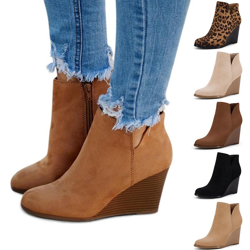 Womens V Cut Wedge Ankle Booties Zip-up Closed Toe Stacked Heel Faux Suede Winter Boots