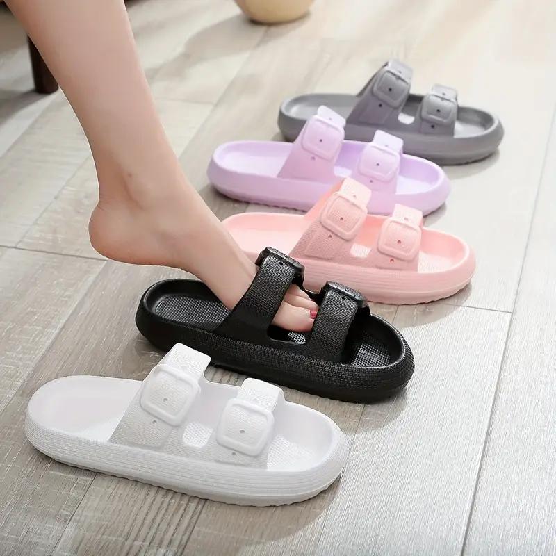 Women Men Couple Fashion Solid Color Double Buckle Slippers - Non-slip Sole Indoor Shoes， Ultimate Comfort, Lightweight, Thick Sole, Non-Slip, Easy to Clean