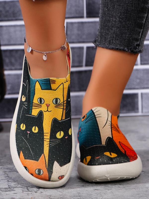 Women's Cute Cat Pattern Slip on Flats, Casual Comfortable Flat Shoes for Daily Wear, Female All-match Round Toe Shoes for Daily Wear