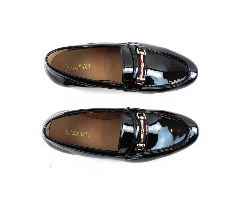 Slip On Patent Black Tuxedo Loafers With Gold Buckle Men's Dress Formal Shoes AZARMAN