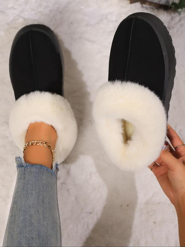 Women's Solid Color Faux Fur Lined Slip on Snow Boots, Casual Comfortable Ankle Boots for Fall & Winter, Fluffy Winter Shoes for Indoor & Outdoor