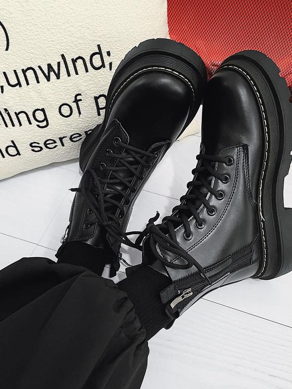 1 Pair Men's Simple Style Plain Color Lace Up Combat Boots, Casual Trendy Minimalist Combat Boots, Fashionable Combat Boots For Daily Wear