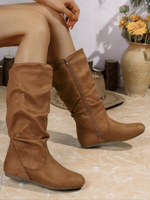 Women's 1 Pair Solid Color Pleated Design Mid-Calf Boots, Fashionable Warm Boots For Fall & Winter, Girl's Boots For Daily Wear